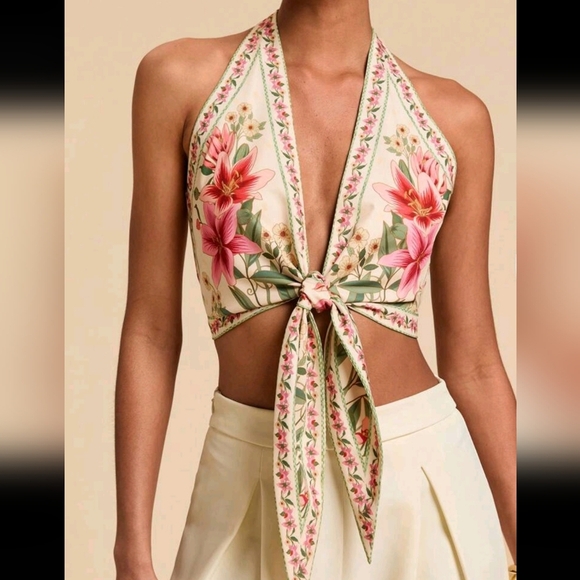 Floral Halter Tie-Front Top - Picture 1 of 5